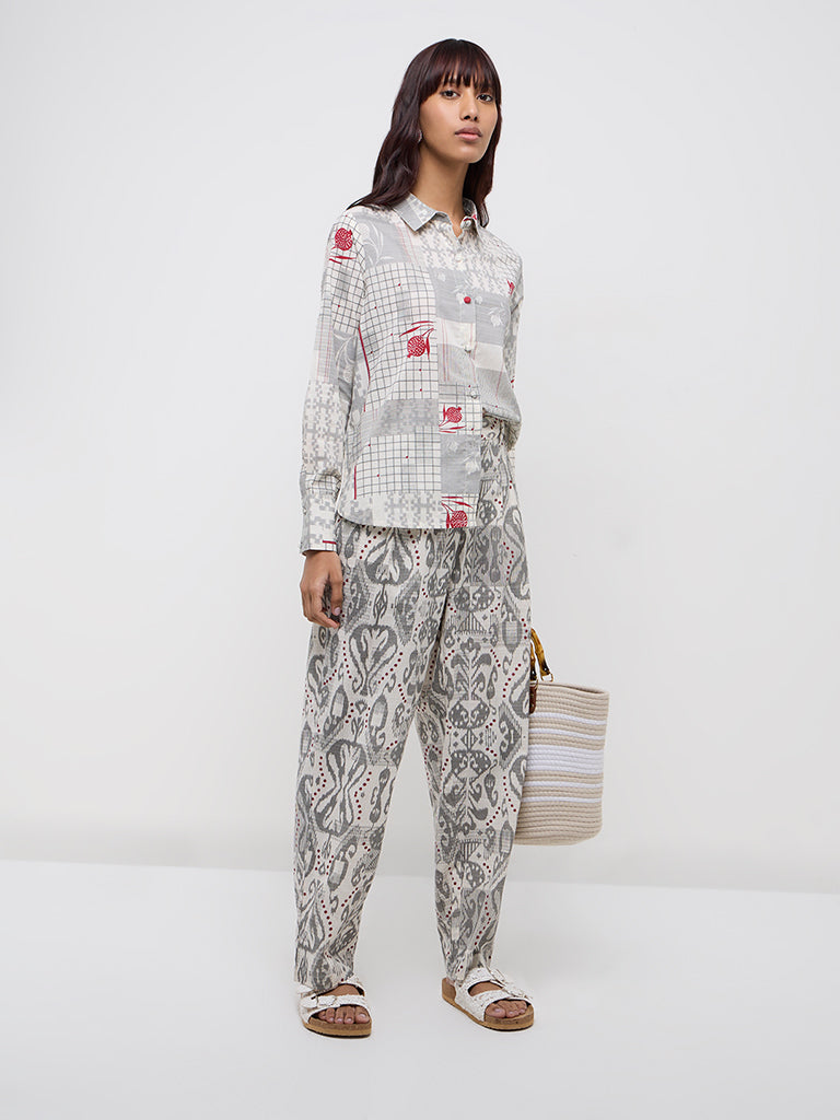 Bombay Paisley Grey Abstract-Printed Cotton Shirt