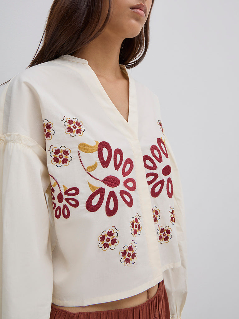 Bombay Paisley Off-White Floral Embroidered Cotton Blouse