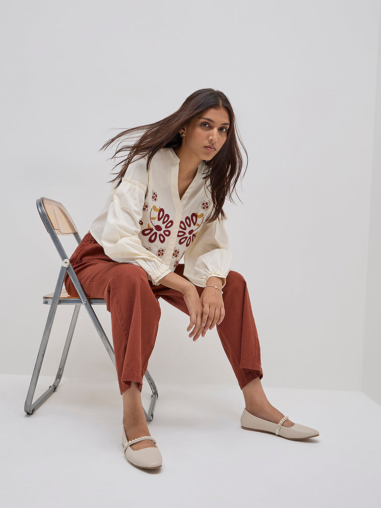 Bombay Paisley Off-White Floral Embroidered Cotton Blouse