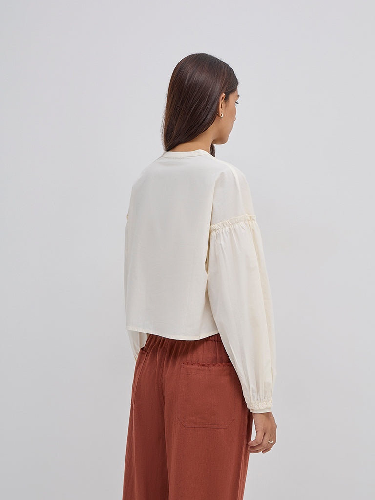 Bombay Paisley Off-White Floral Embroidered Cotton Blouse