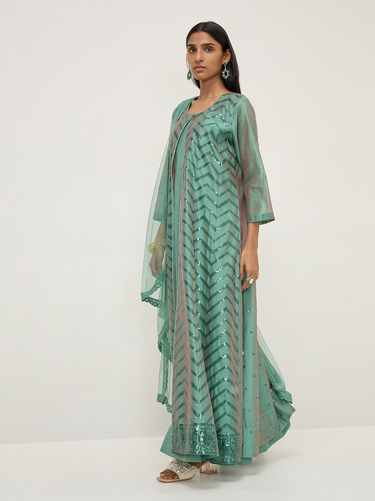 Buy Vark Green Embellished Kurta, Inner, Pants and Dupatta Set