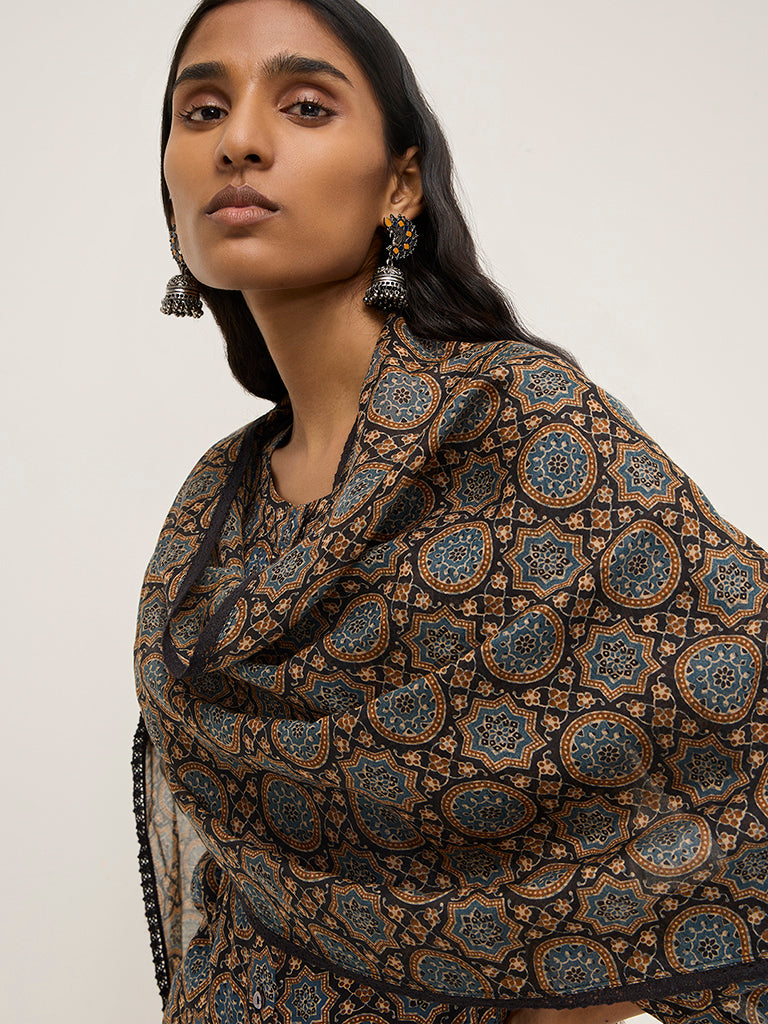 Zuba Blue Printed Cotton-Blend Dupatta