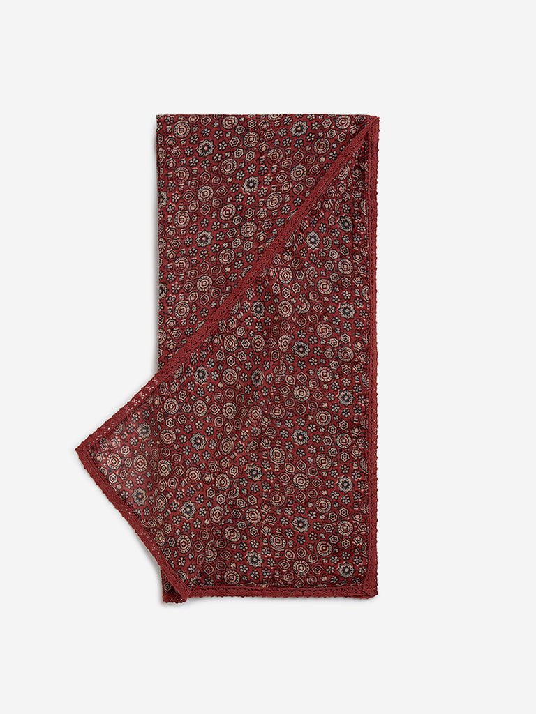 Zuba Maroon Floral Printed Cotton-Blend Dupatta