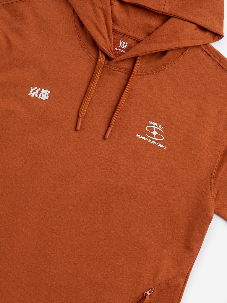 Y&F Kids Orange Text Design Cotton Hoodie