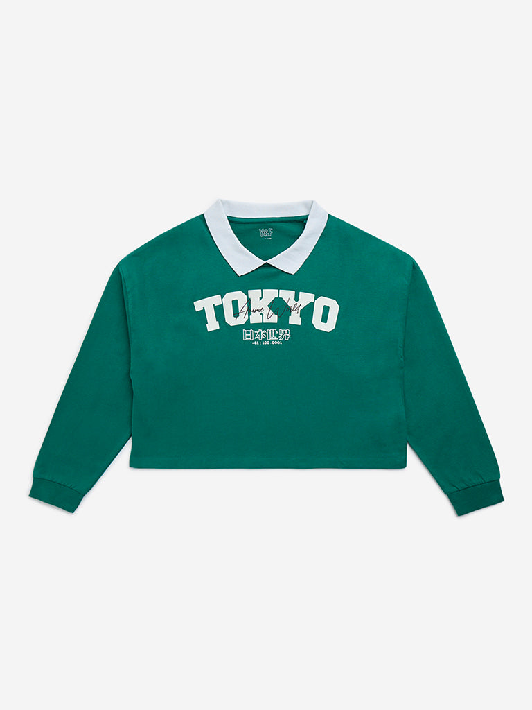 Y&F Kids Green Text Design Cotton Cropped T-Shirt