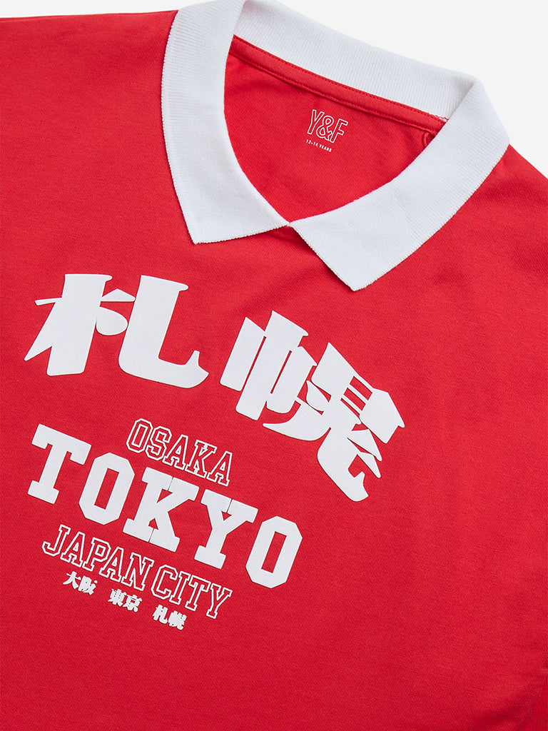 Westside Y&F Girl's Red Text Design Cotton Cropped T-Shirt for Casual Wear Zoomed View