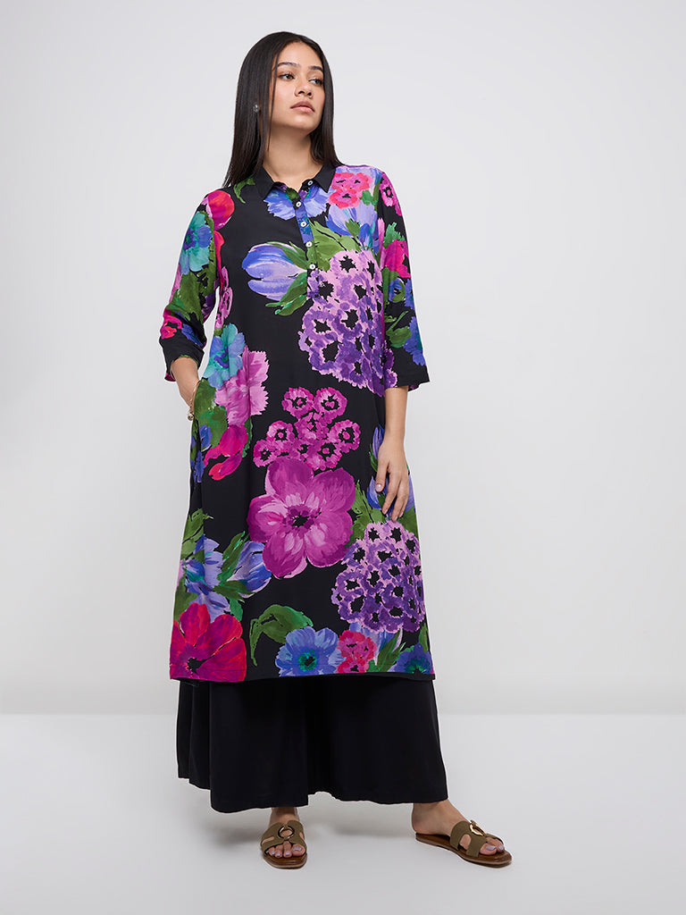 Diza Black Floral Printed A-Line Kurta