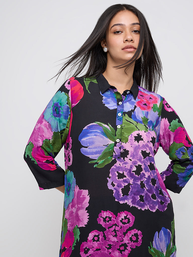 Diza Black Floral Printed A-Line Kurta