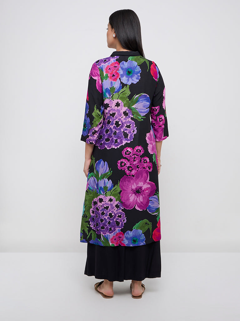 Diza Black Floral Printed A-Line Kurta