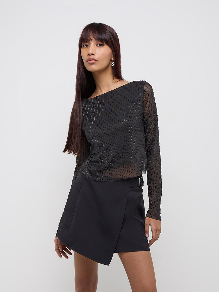 Nuon Black Embellished Mesh Top