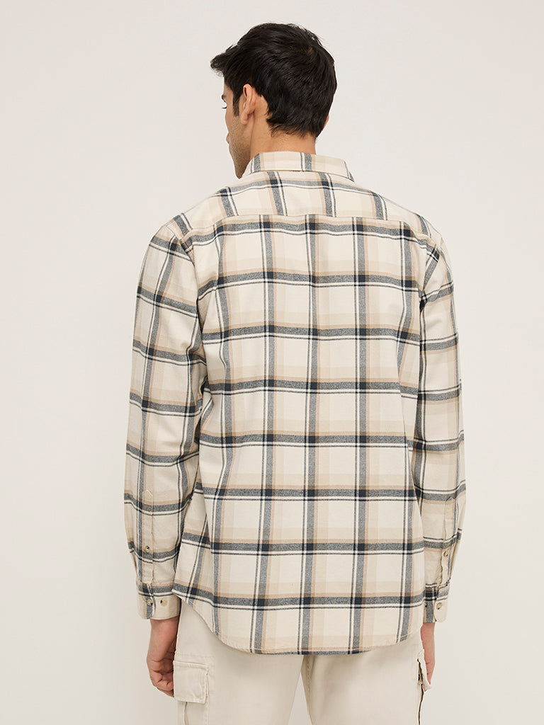 Westside WES Casuals Men's Beige Checkered Relaxed-Fit Cotton Shirt for Casual Wear Back View