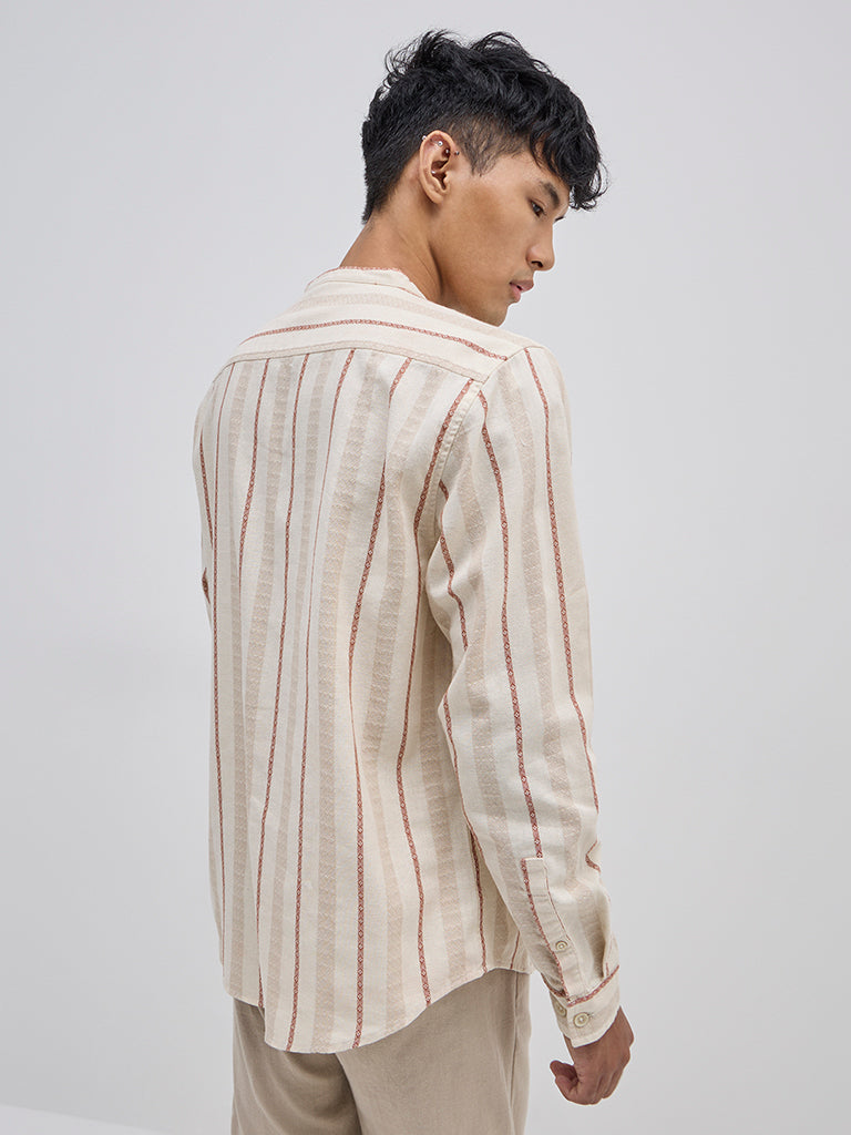Westside ETA Men's Beige Striped Resort-Fit Cotton Shirt for Casual Wear Back View