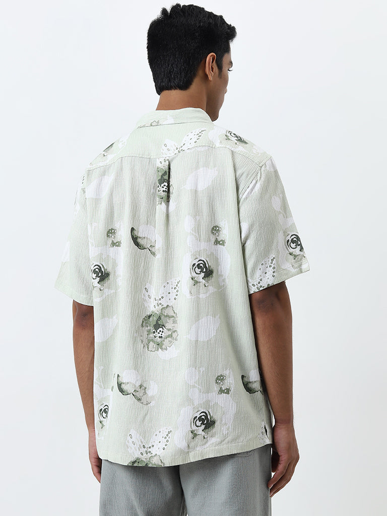 Westside ETA Men's Sage Floral Design Relaxed-Fit Cotton-Blend Shirt for Casual Wear Back View
