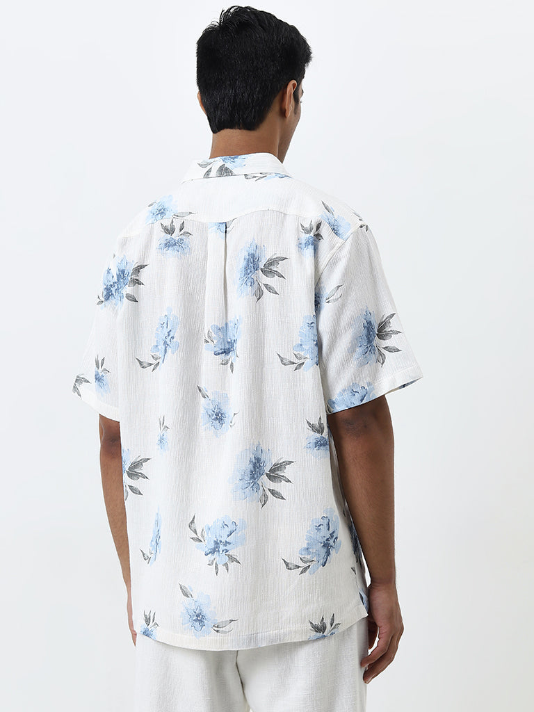 Westside ETA Men's White Floral Pattern Relaxed-Fit Cotton-Blend Shirt for Casual Wear Back View
