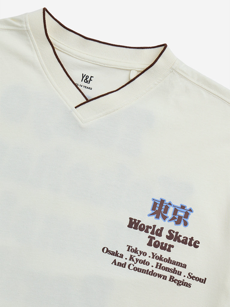 Westside Y&F Boy's Off-White Typographic Cotton T-Shirt for Casual Wear Zoomed View