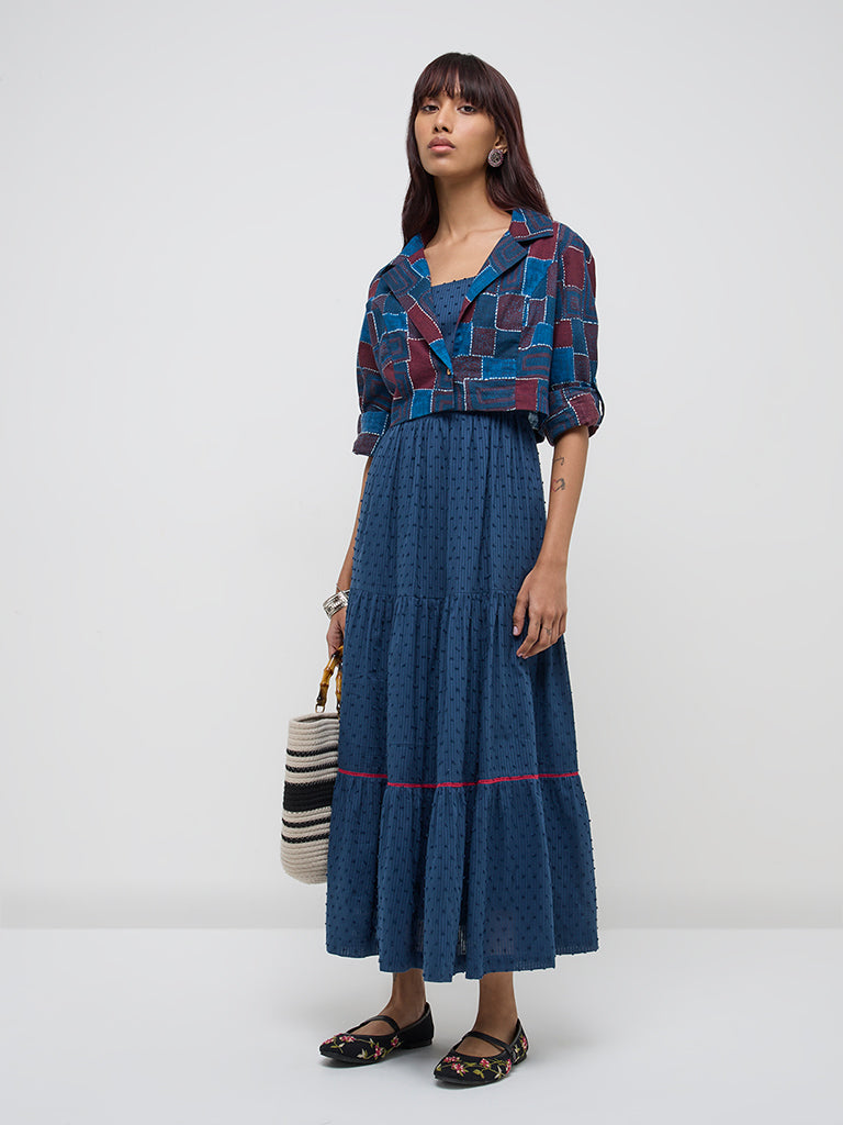 Westside Bombay Paisley Women's Indigo Cotton Tiered Dress with Jacket for Everyday Full View