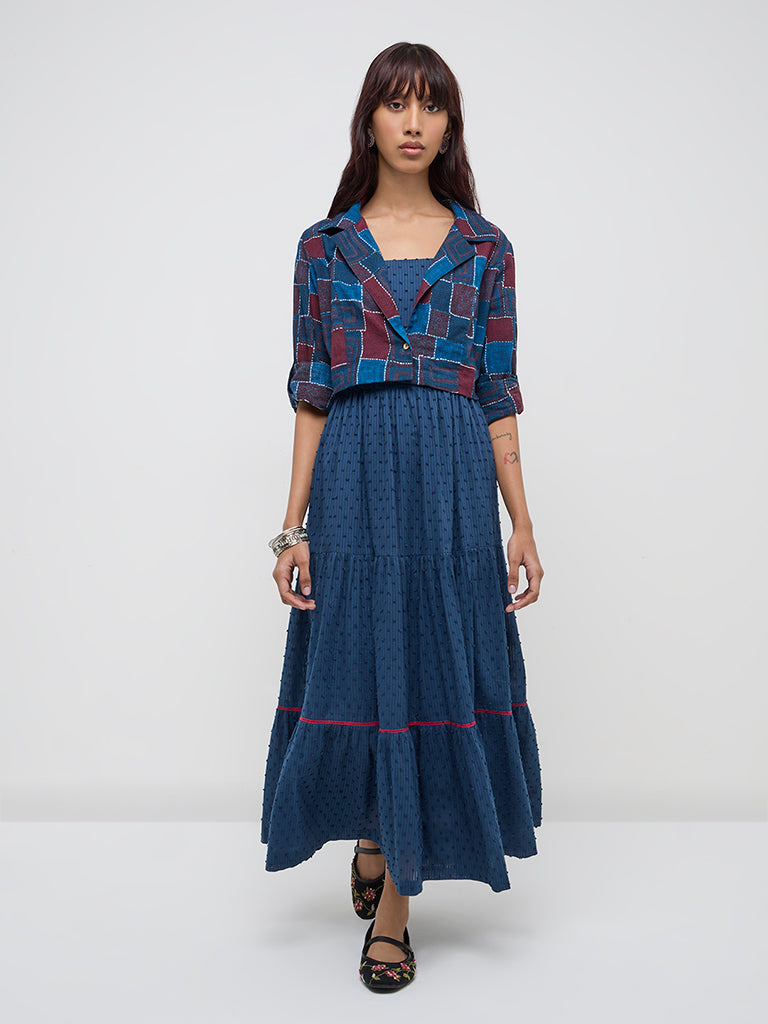 Westside Bombay Paisley Women's Indigo Cotton Tiered Dress with Jacket for Everyday Front View