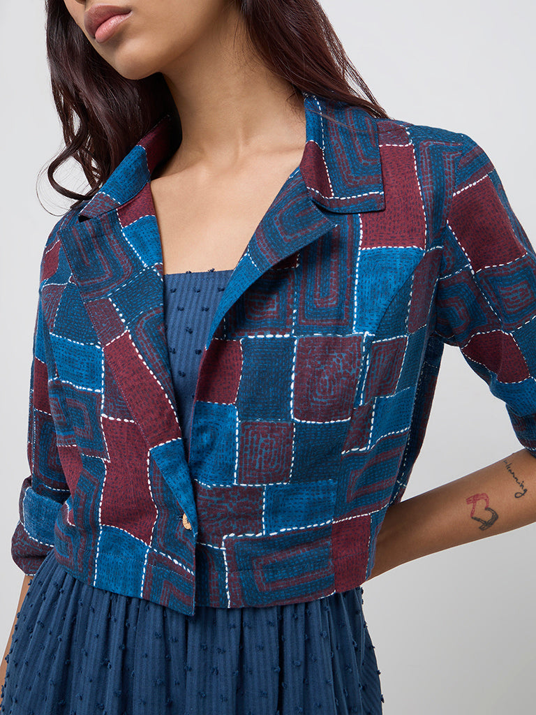 Westside Bombay Paisley Women's Indigo Cotton Tiered Dress with Jacket for Everyday Zoomed View