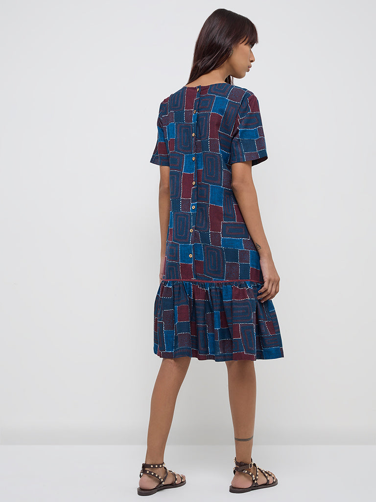 Westside Bombay Paisley Women's Navy Geometric Cotton-Blend Drop-Waist Dress for Everyday Back View