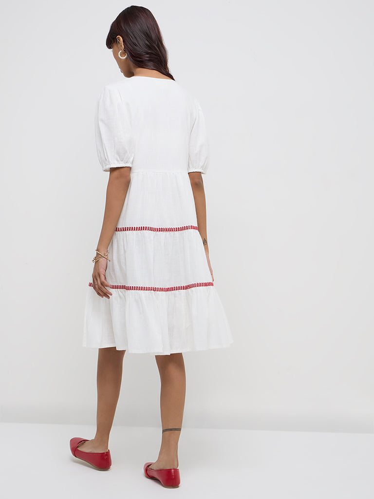 Westside Bombay Paisley Women's Off-White Embroidered Cotton Tiered Dress for Everyday Back View