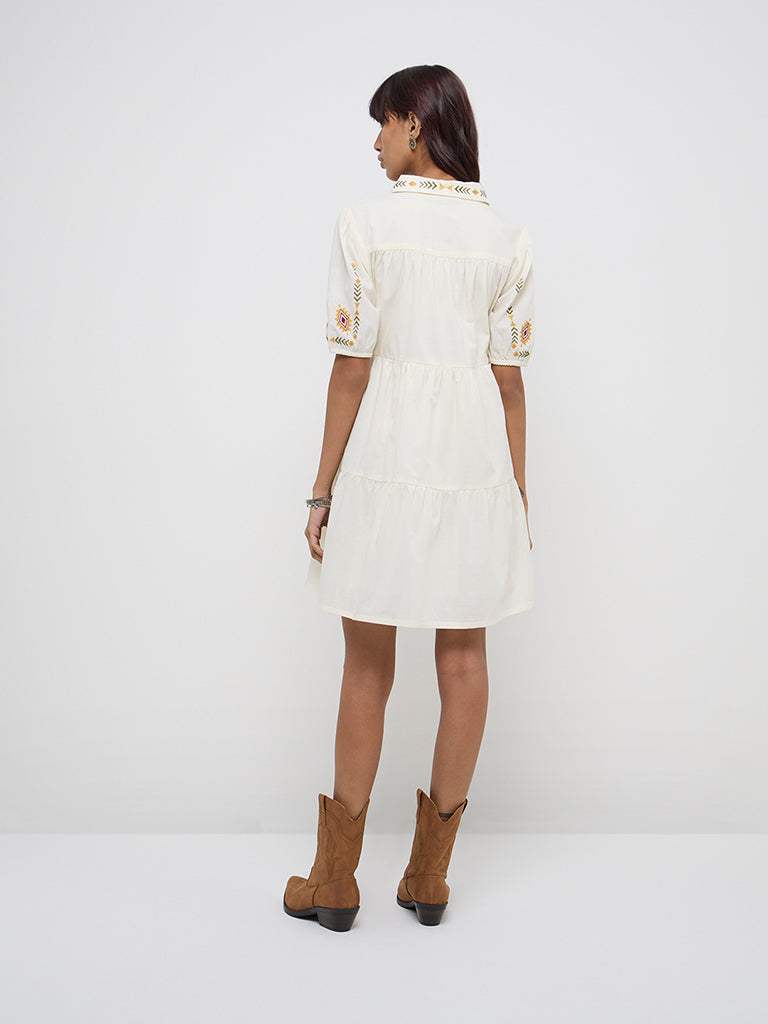Westside Bombay Paisley Women's Off-White Embroidered Cotton Shirt Dress for Everyday Back View