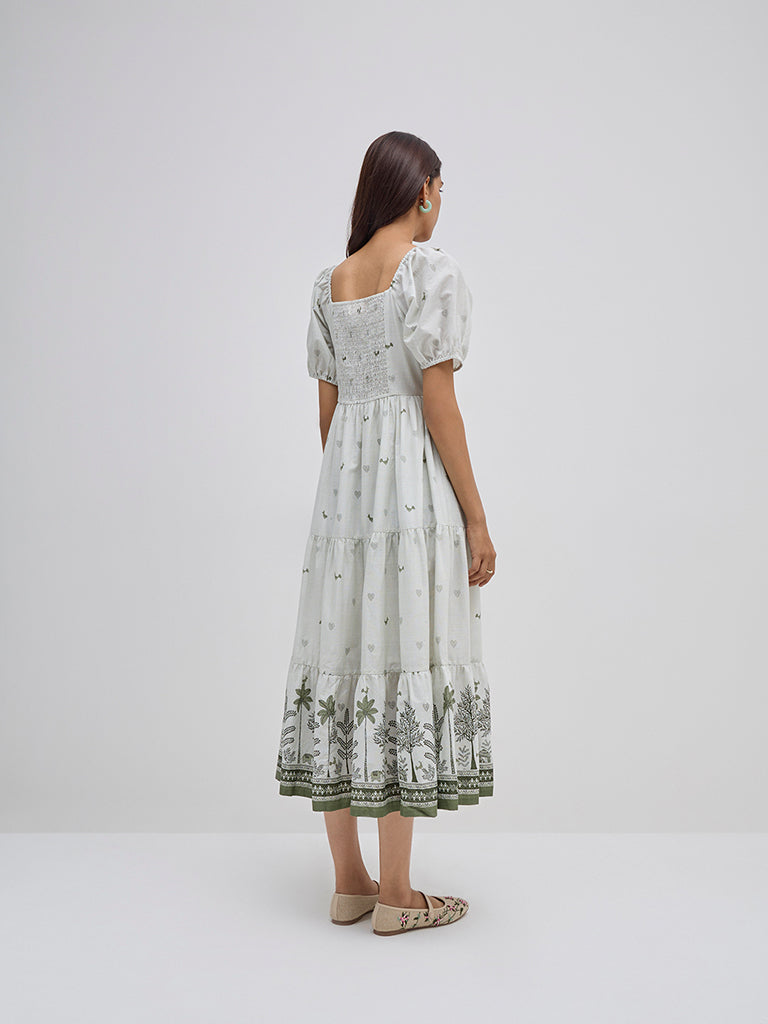 Westside Bombay Paisley Women's Off-White Foliage Design Cotton Tiered Dress for Everyday Back View