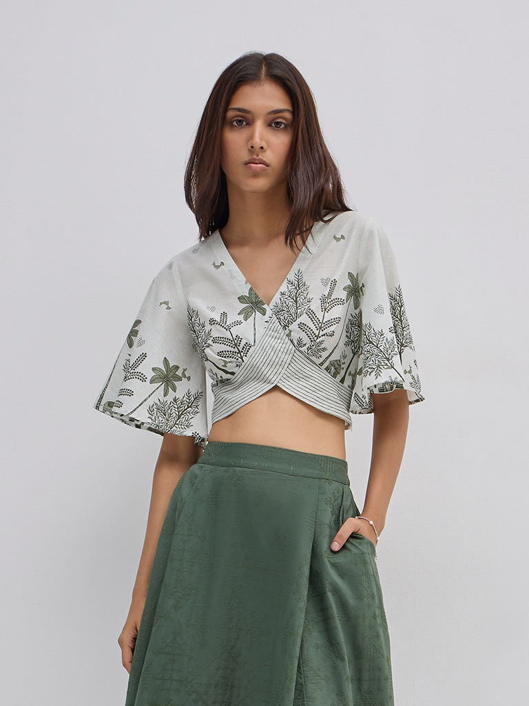 Westside Bombay Paisley Women's Olive Botanical Design Cotton Top for Everyday Front view