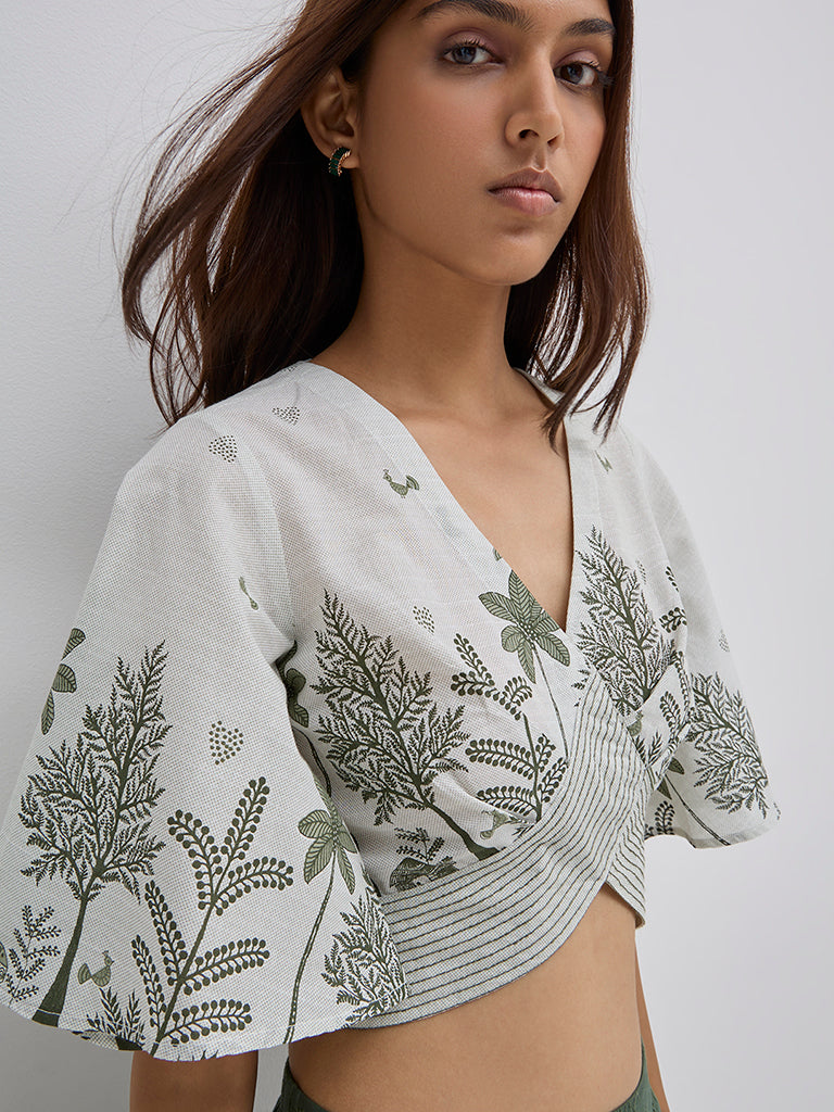 Westside Bombay Paisley Women's Olive Botanical Design Cotton Top for Everyday Zoomed View