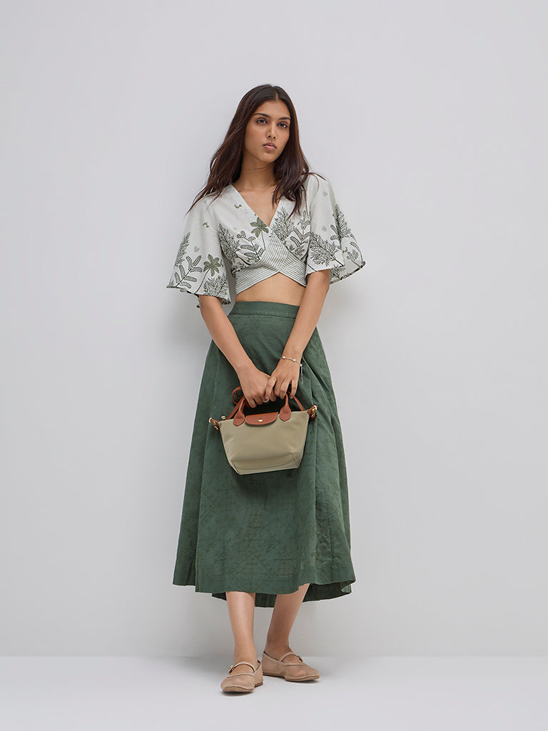 Westside Bombay Paisley Women's Olive Botanical Design Cotton Top for Everyday Full View