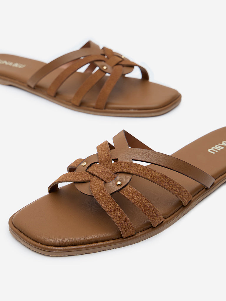 LUNA BLU Tan Multi-Strap Suede Slip-On Sandals