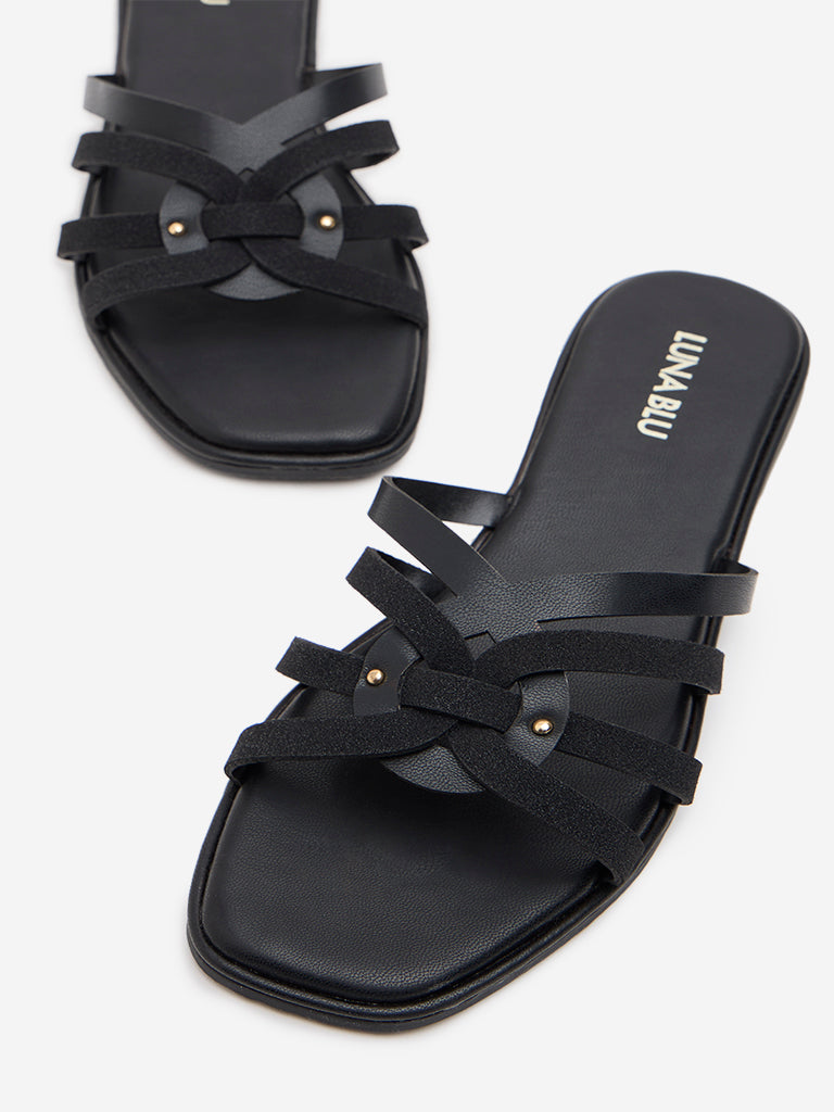 Westside LUNA BLU Women's Black Multi-Strap Suede Slip-On Sandals for Casual Wear Zoomed View
