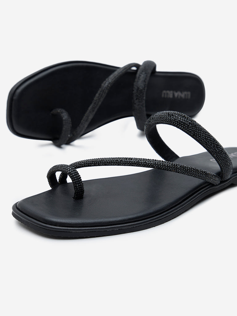 Westside LUNA BLU Women's Black Diamante Embellished Sandals for Casual Wear Zoomed View