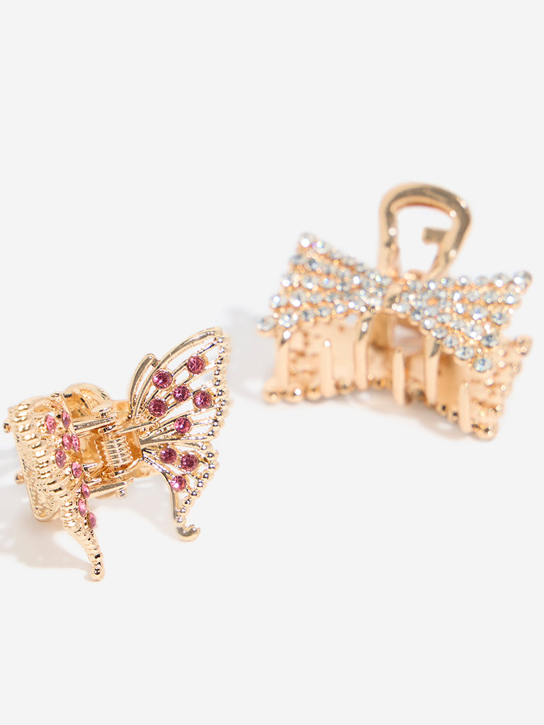 Westside Accessories Gold Diamante Embellished Butterfly Hair Clips - Pack of 2