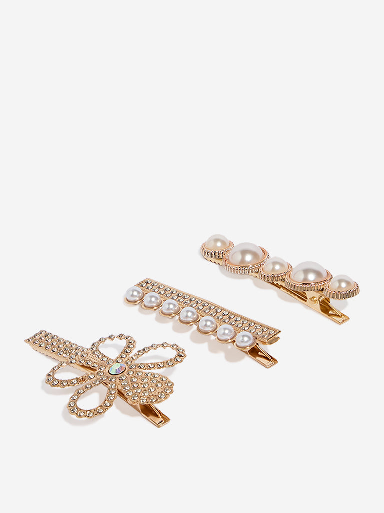 Westside Accessories Gold Pearl Embellished Hair Clips - Pack of 3