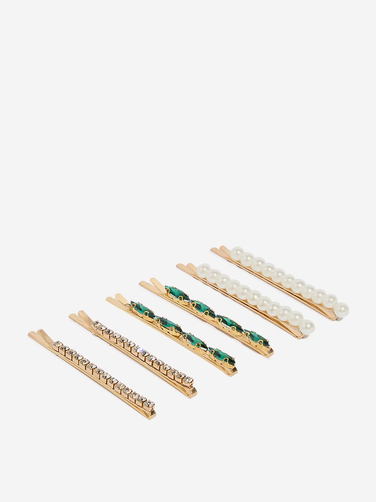 Westside Accessories Gold Pearl & Stone Embellished Hair Clips - Pack of 6