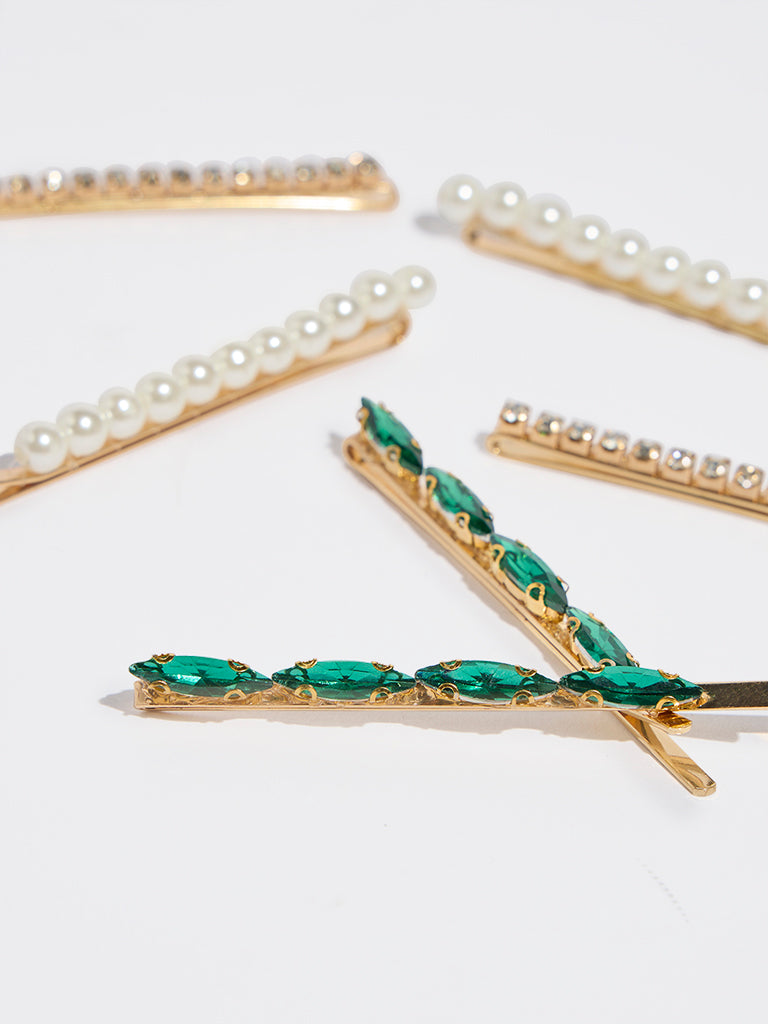 Westside Accessories Gold Pearl & Stone Embellished Hair Clips - Pack of 6