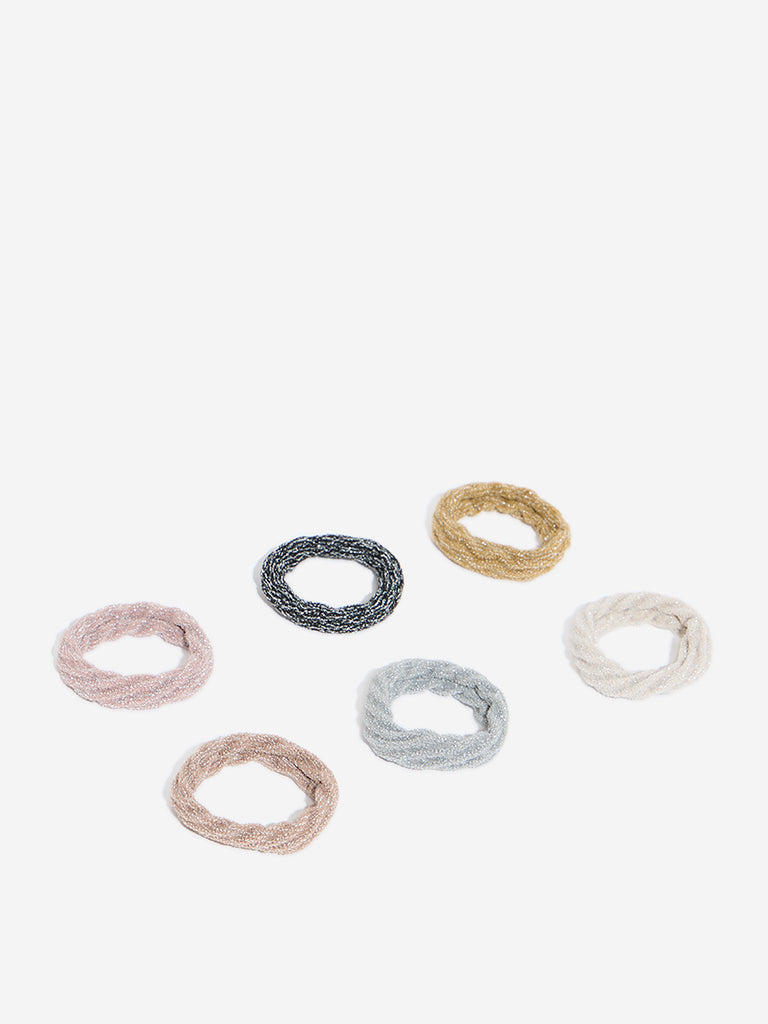 Westside Accessories Multicolour Ribbed Glitter Design Scrunchies - Pack of 6