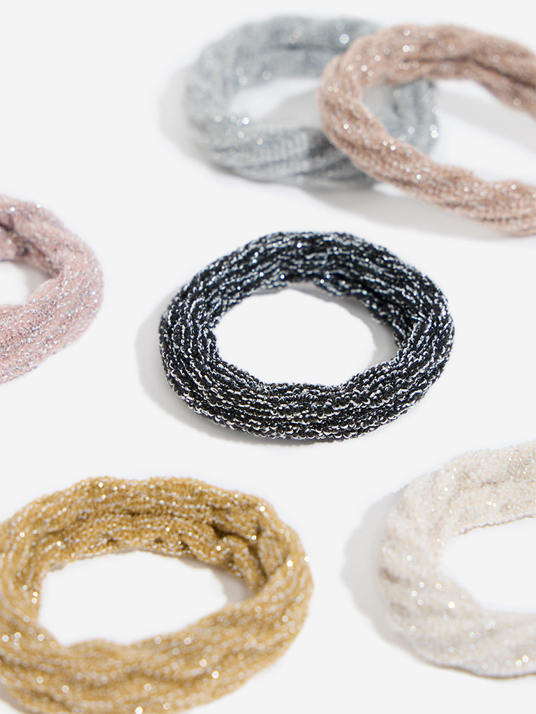 Westside Accessories Multicolour Ribbed Glitter Design Scrunchies - Pack of 6