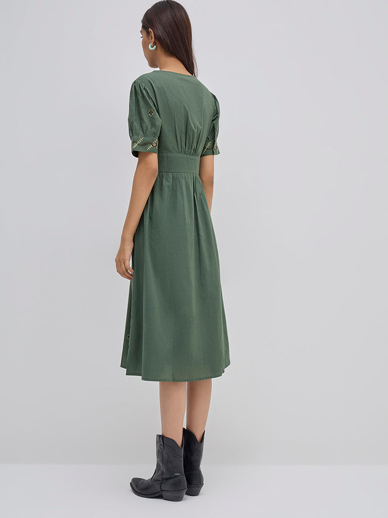 Westside Bombay Paisley Women's Olive Floral Embroidered Cotton A-Line Dress for Everyday Back View