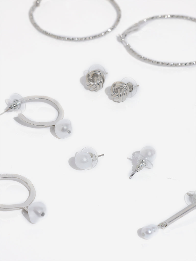 Westside Accessories Silver Studs and Hoops Earrings - Pack of 6