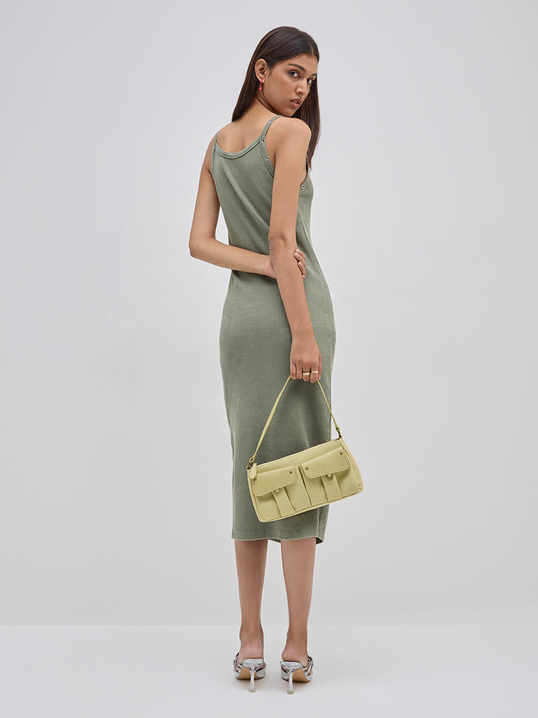 Nuon Olive Ribbed Textured Cotton Bodycon Dress