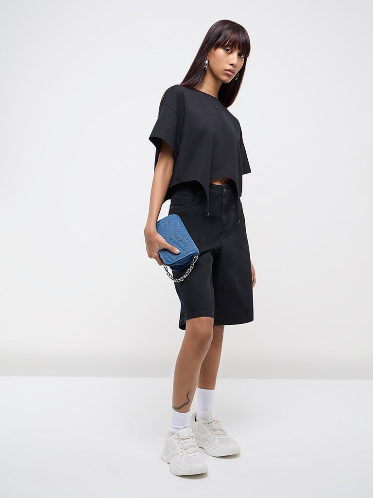 Nuon Black Solid High-Rise Denim Shorts