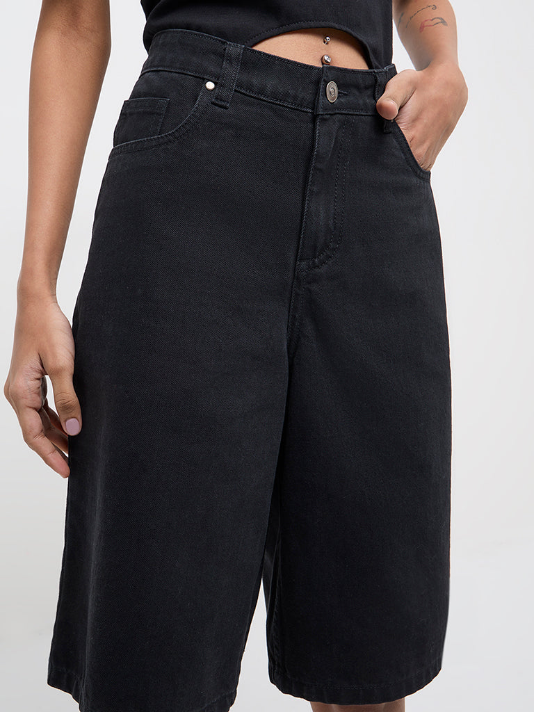 Nuon Black Solid High-Rise Denim Shorts