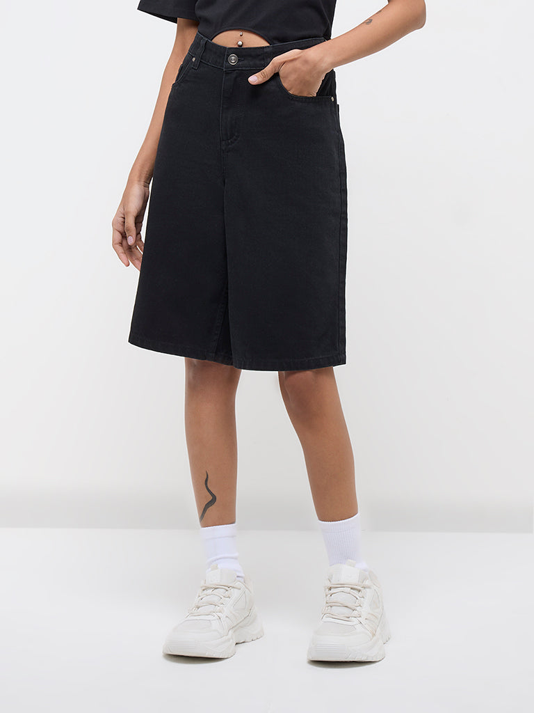 Nuon Black Solid High-Rise Denim Shorts