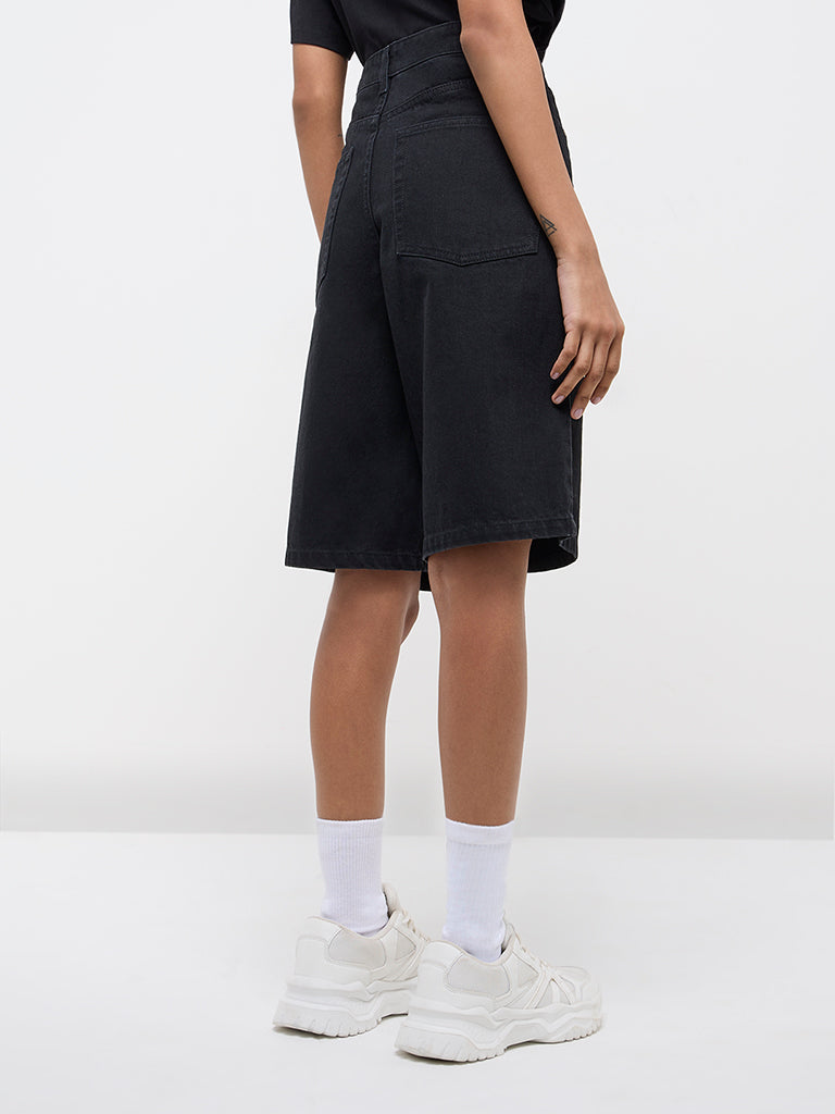 Nuon Black Solid High-Rise Denim Shorts