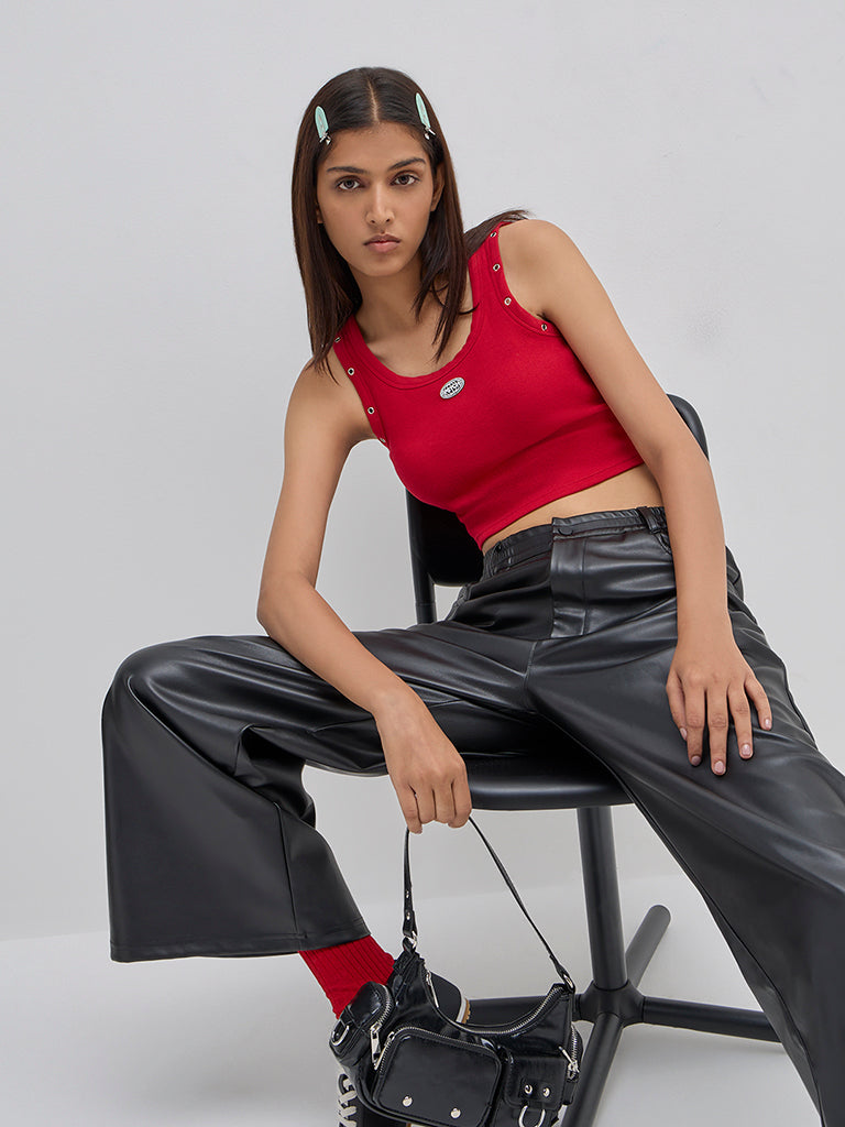 Nuon Red Ribbed Textured Cotton-Blend Tank Top