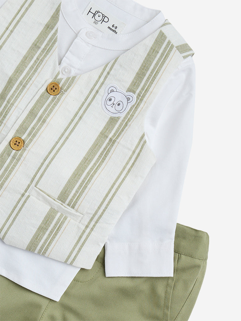 Westside HOP Baby Boy's Olive Striped Cotton Shirt, Waistcoat and Pants Set for Casual Wear Zoomed View