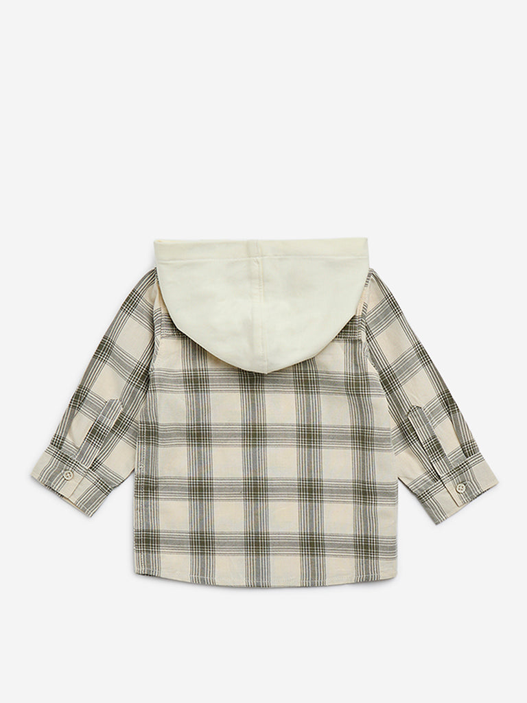 HOP Baby Olive Checks Printed Cotton Hooded Shirt