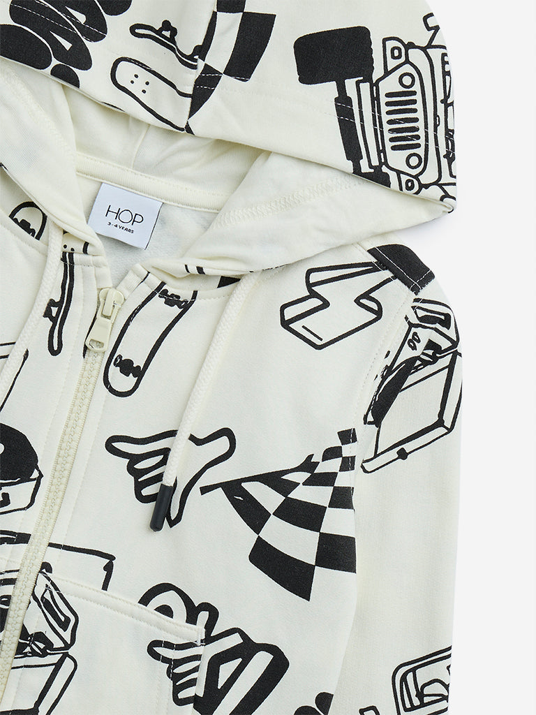 Westside HOP Kids Off-White Printed Cotton-Blend Hoodie for Winter Wear Detail View