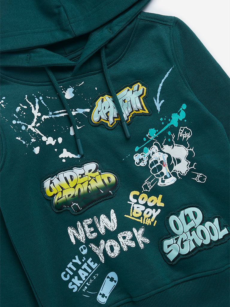 Westside HOP Kids Dark Green Text Design Cotton-Blend Sweatshirt for Winter Wear Zoomed View